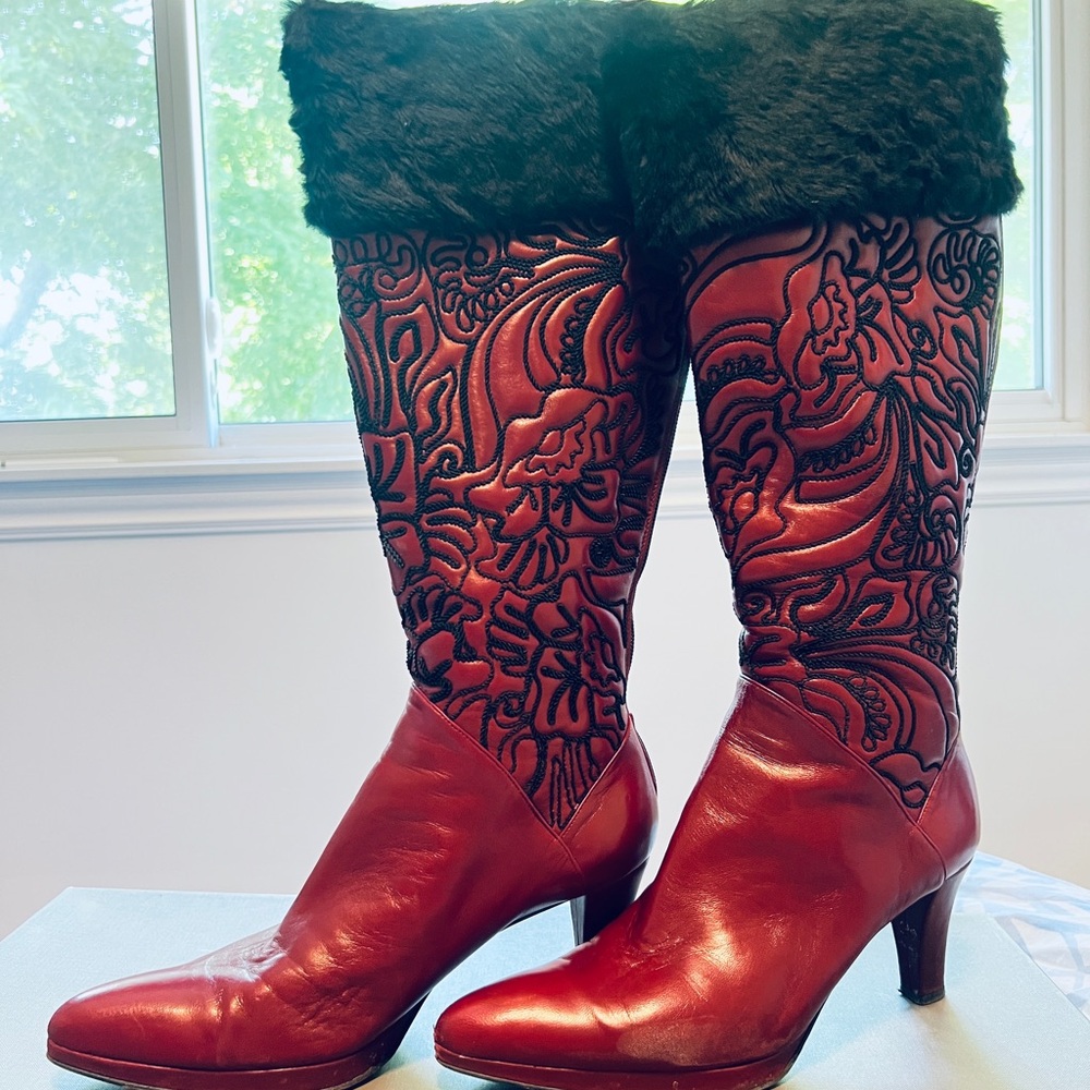Prevata Red and Black Heeled Boots with Embroidered Details